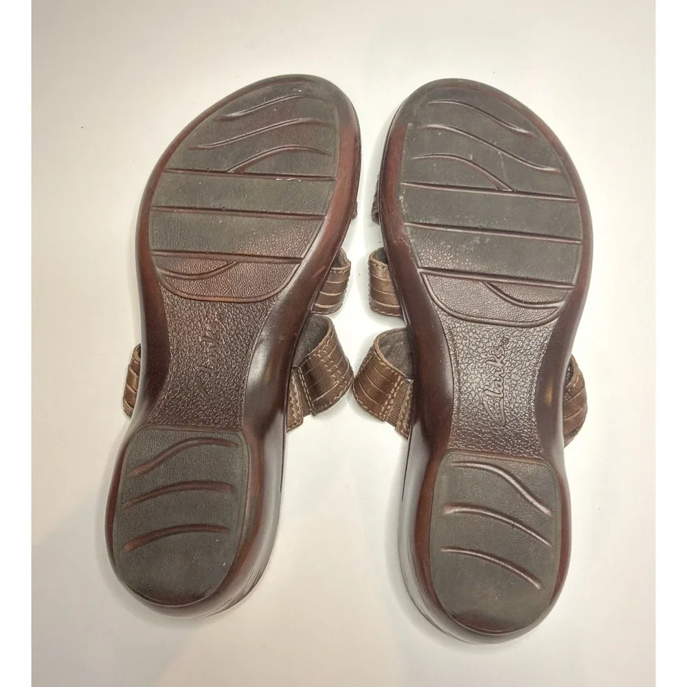 Clarks Brown Leather‎ Slide Sandals Women's 8M Woven Strap Comfort Cushioned